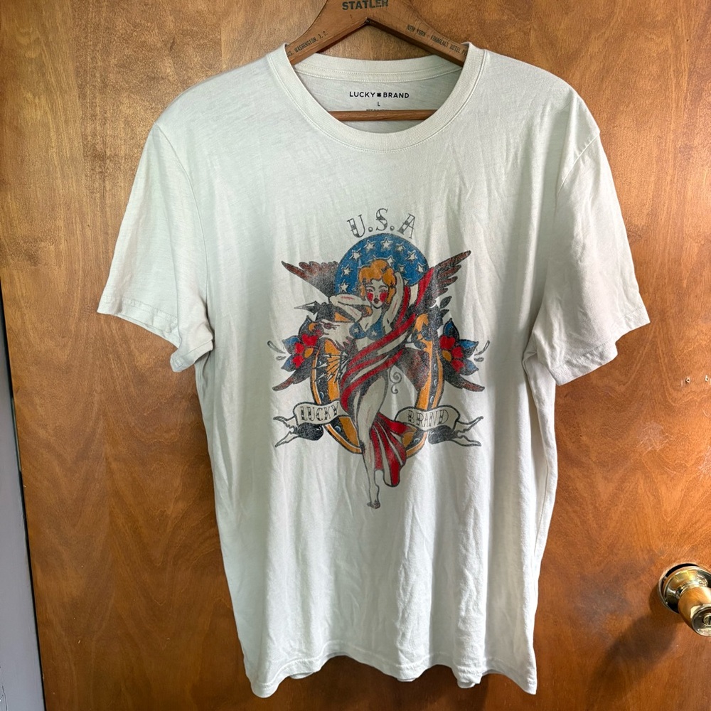 Lucky Brand Men's USA Tattoo Pinup Graphic T-Shirt Size Large Burnout Y2K Eagle